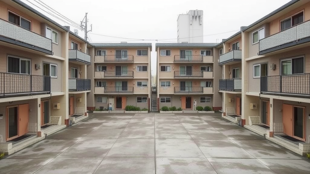 A quiet, symmetrical courtyard flanked by three-story apartment buildings with uniform balconies and neatly arranged windows.