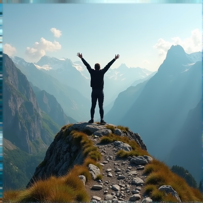 A person stands triumphantly on a mountain peak, arms raised, overlooking a vast, sunlit mountain range under a clear blue sky.