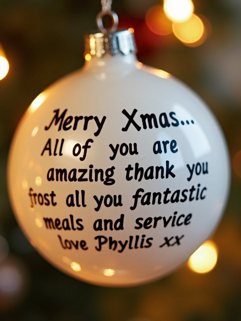 Close-up image features a white bauble with text. Text reads Merry Xmas. All of you are amazing thank you for all your fantastic meals and service love Phyllis xx. Background has twinkling lights creating a festive atmosphere. Ideal for Christmas greetings.