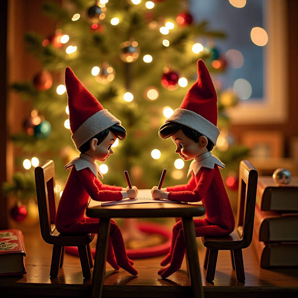 Image shows a boy and girl elf sitting at a wooden table. They are writing something. A decorated Christmas tree is in the background. The atmosphere is festive and joyful.