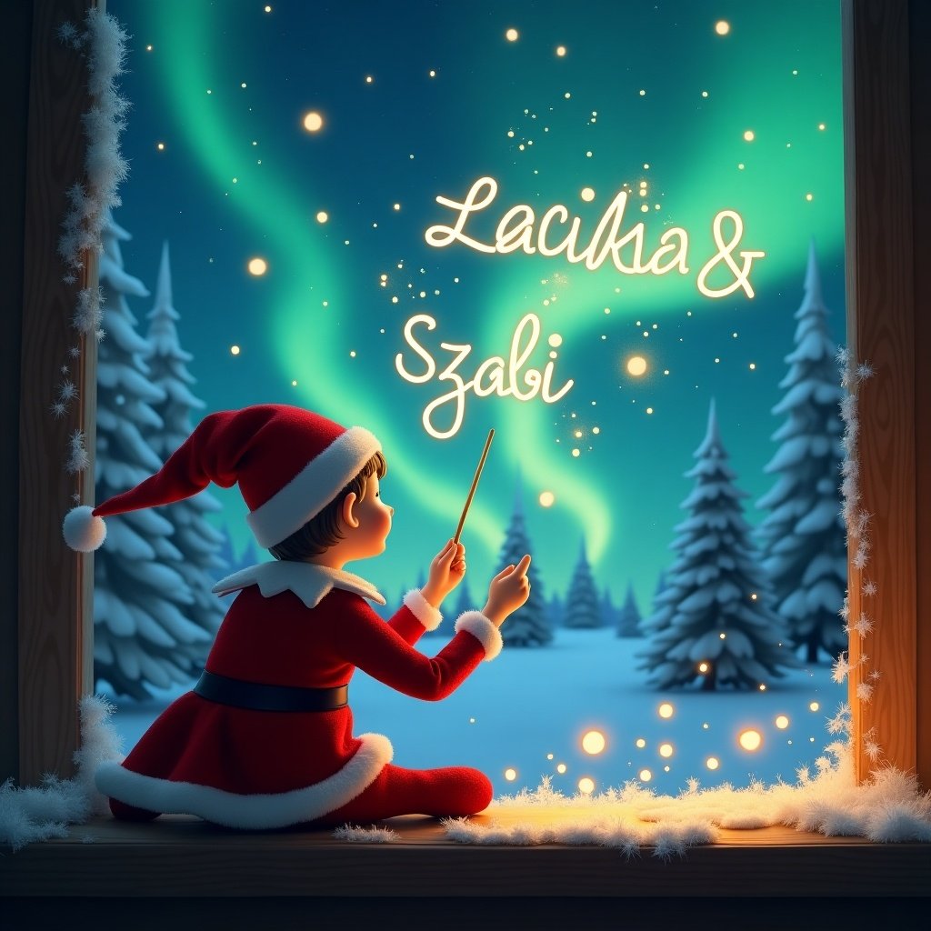 An enchanting Christmas scene shows an elf on the shelf with his back to us. The elf is facing the sky, delightfully using a magic wand. Above, the northern lights illuminate the night sky with vibrant shades of green and blue. In this magical atmosphere, the elf elegantly writes 'Lacika & Szabi' in the sky. The surrounding scene includes snow-covered trees, completing the festive and whimsical setting. This whimsical depiction brings forth the spirit of Christmas and magic, capturing the joy of the holiday season.