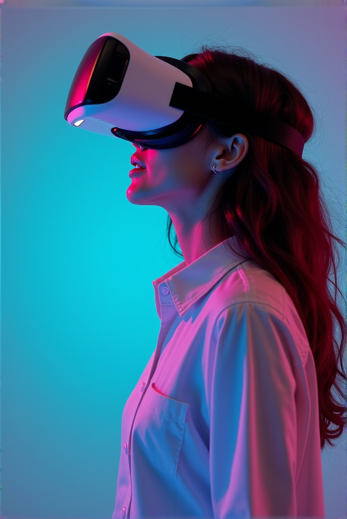 A person wearing a VR headset is immersed in a vivid, colorful light environment.