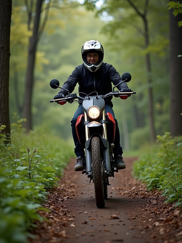 Trail motorbike in the forest during daytime. Rider on bike surrounded by trees and greenery. A remote area with a path of dirt. The bike is equipped for adventure cruising.