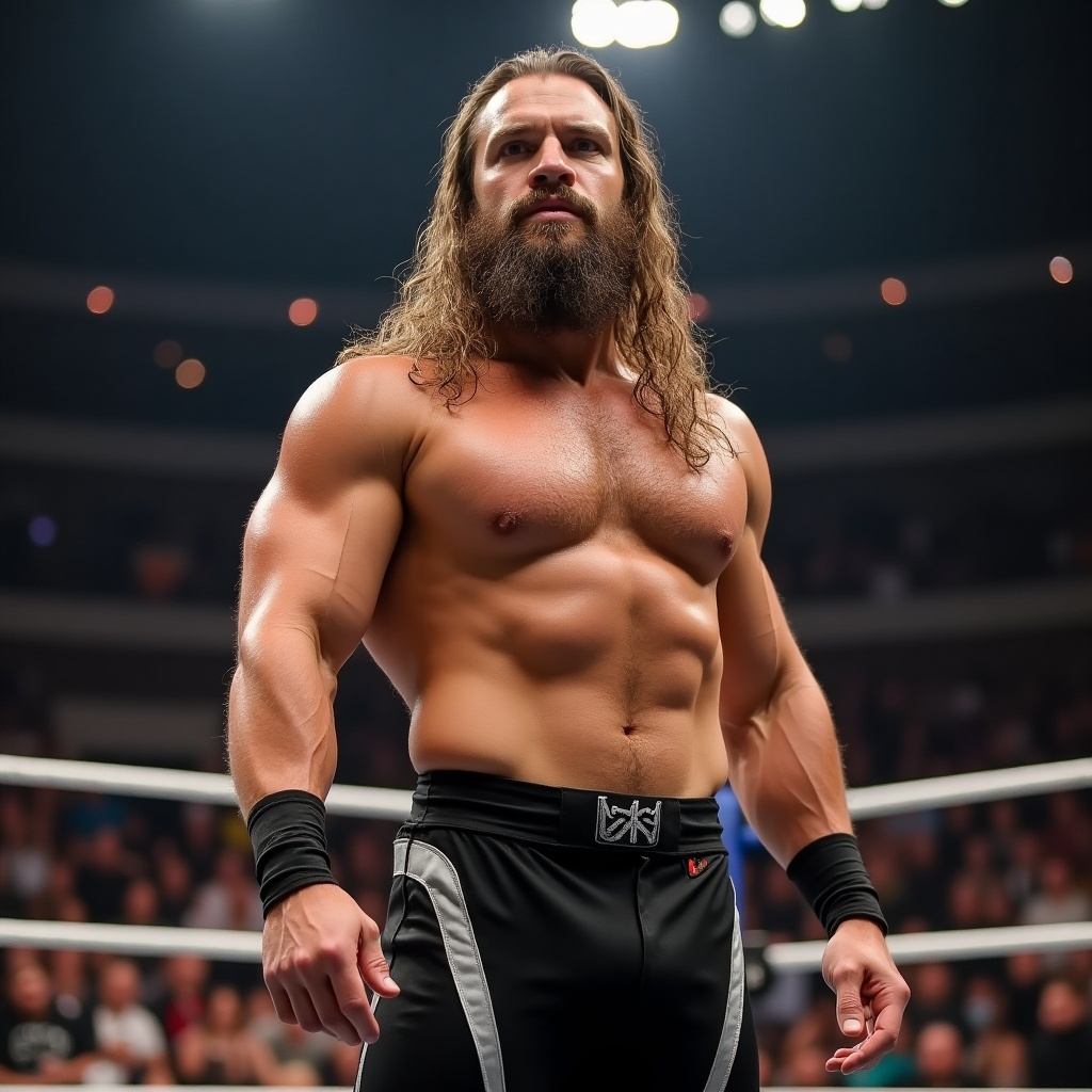 A powerful and muscular man with long hair stands confidently in a wrestling arena, showcasing his strength and athletic build. The atmosphere is electric, filled with excitement as the crowd watches. He is dressed in wrestling attire, ready for action. The arena's lighting focuses on him, making him the center of attention. His posture exudes confidence and power, embodying the spirit of a champion.