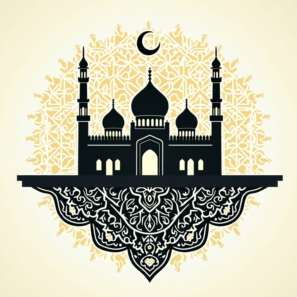 This artwork features a stunning silhouette of a mosque, accentuated with minarets and a crescent moon. The design is set against a subtle golden patterned background, enhancing its elegance. The combination of black and gold gives it a luxurious feel. This image represents Islamic culture and architecture beautifully. It can be used for various artistic and religious applications. Perfect for decor, promotional items, or educational materials focused on Islamic traditions.