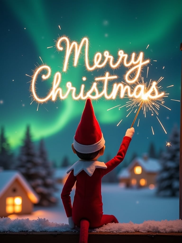 Enchanting Christmas scene. Elf on shelf faces sky. Elf wears red and white. Holds magic wand. Writes 'Merry Christmas' in sparkler script. Colorful northern lights backdrop. Festive ambiance evokes wonder.