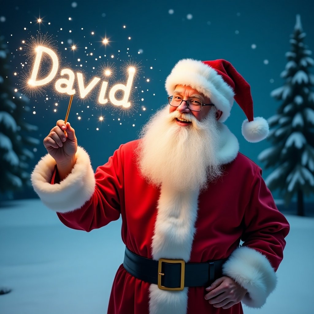 A jolly Santa Claus in a snowy landscape. He holds a magical wand shining with sparkles. Wearing a classic red suit with white fur trim and a matching hat. Appears to write names in the sky. Scenic background features evergreen trees and a starry night sky. The atmosphere is festive and magical for the holiday season.