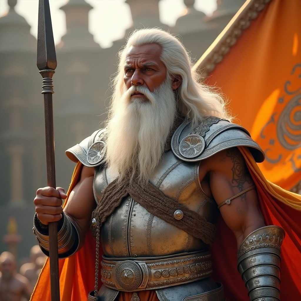 Image of an elderly warrior with long white beard in silver armor with intricate patterns. He holds a spear. A solemn atmosphere conveys loyalty to the Kauravas. Background features a saffron flag.