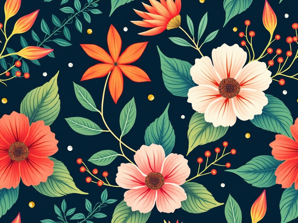 The image showcases a vibrant floral pattern on a dark blue background. It features a variety of flowers in different colors, including red, orange, and white, complemented by green leaves. The design incorporates smaller details like berries and dots for added texture. This artistic interpretation gives a lively and cheerful feel to the overall aesthetic. It is suitable for applications in textiles, home decor, and stationery.