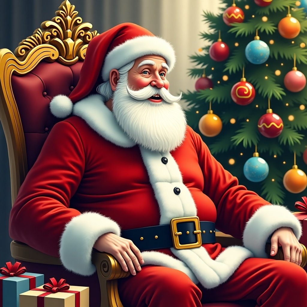 Santa Claus in red suit is seated on a throne. Christmas ornaments are scattered around. Background includes a decorated Christmas tree with colorful baubles. Scene conveys a warm, cheerful holiday atmosphere. Illustration captures Santa preparing for the gifting season.