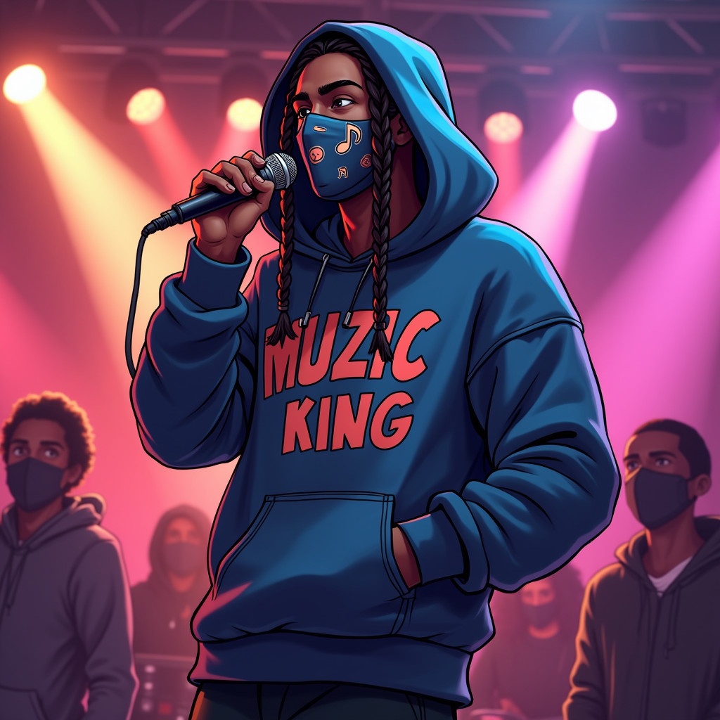 Image of a cartoon figure in a blue hooded sweatshirt that says Muzic King. The figure has braids holds a microphone. The atmosphere reflects music performance culture. The background has energetic stage lights.