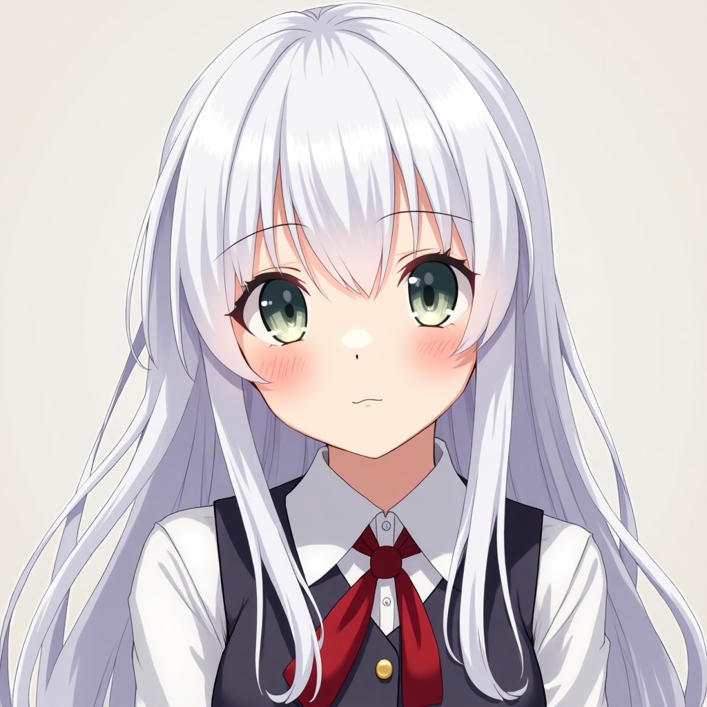 Anime girl with long white hair. Simple background, character dressed in a white blouse and dark vest with a red tie. Soft expression.