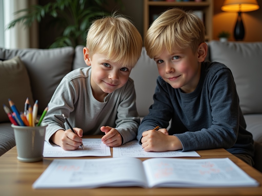 This image depicts two young children seated at a wooden table, engaged in drawing and doing homework. The boys, with fair hair, are smiling and seem focused on their activity. The background reveals a cozy living room setting with a sofa, lamp, and decorative plant, enhancing the warm and homey ambiance.