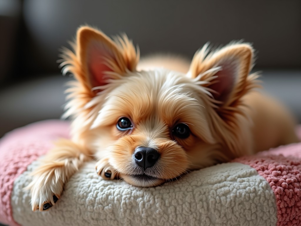 A close-up photo of a cute dog resting on a soft blanket, with fluffy fur and a serene expression. The dog's eyes are large and expressive, giving a feeling of calm and affection.