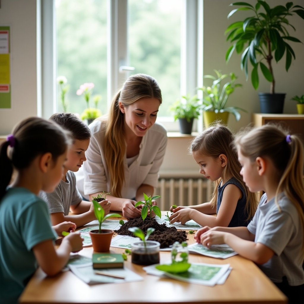 In a bright classroom, a teacher engages a group of children in planting activities. The kids, focused and excited, work with small plants and soil on their tables. They work together under the guidance of a smiling instructor. This scene showcases teamwork and learning about sustainability through hands-on experiences. The classroom features green plants, enhancing the theme of nature. The children's faces reflect curiosity and joy as they explore gardening.