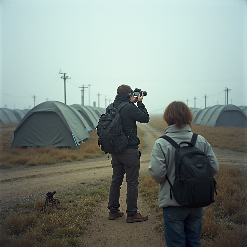 Two people with backpacks walk through a foggy campsite, with one capturing the scenery on camera.