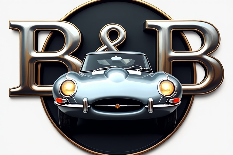 Modern logo for B&B Automobiles. Features a silver Jaguar E-Type in front of mirrored B letters. The design has a black backdrop with chrome letters. The car's headlights are illuminated. The logo presents a sporty and luxurious feel.