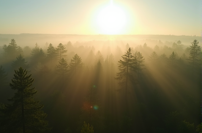 Sunlight pierces through the mist over a dense forest, creating a serene and mystical atmosphere.