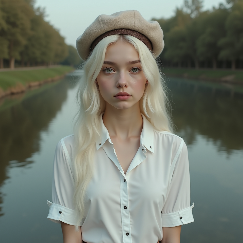 A young woman with long blonde hair and a beret stands in front of a calm river.