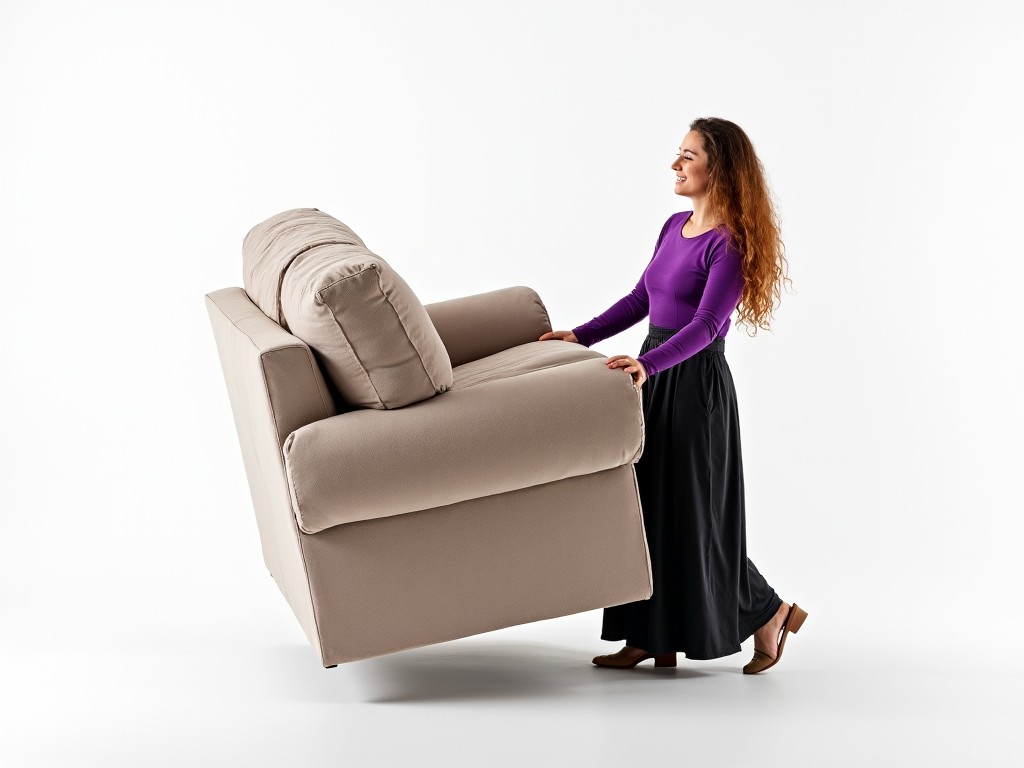 A young woman is lifting a large, plush sofa that is partially folded. She has long, wavy hair and wears a vibrant purple top along with a long, dark skirt. The setting is minimalistic, with a plain white background that emphasizes the furniture and her action. The sofa has a soft texture and appears comfortable. The woman's expression shows determination as she carries the weighted piece of furniture.