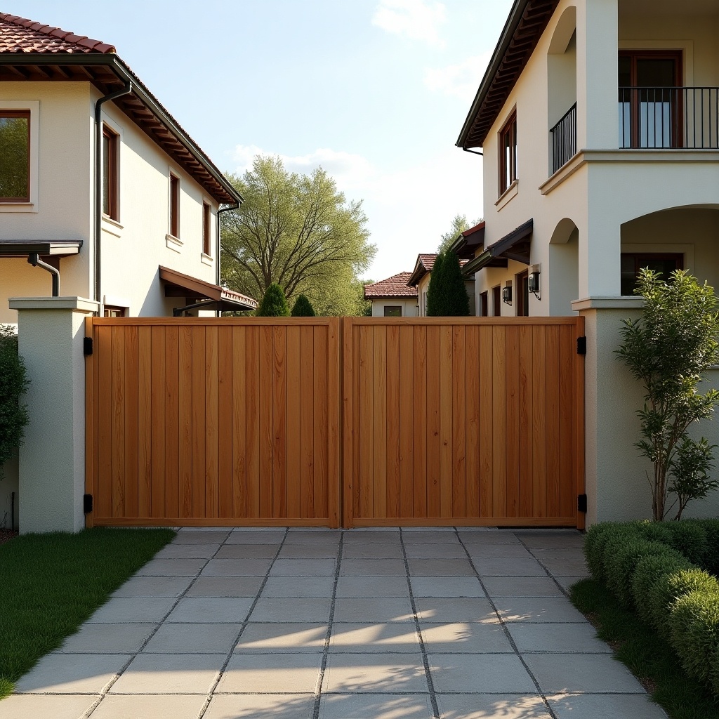 The image features a wooden fence positioned between two Mediterranean-style houses. The fence is 2.9 meters long and 1.5 meters high, exhibiting a classic American architectural style. The setting includes well-maintained gardens on either side, enhancing the aesthetic appeal. Soft sunlight illuminates the scene, creating a warm atmosphere. The overall composition gives a sense of privacy and elegance appropriate for a residential area.