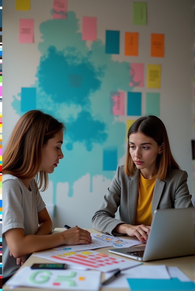 Two women are having a discussion at a table with a laptop and colorful papers, in front of a wall with notes and paint splashes.