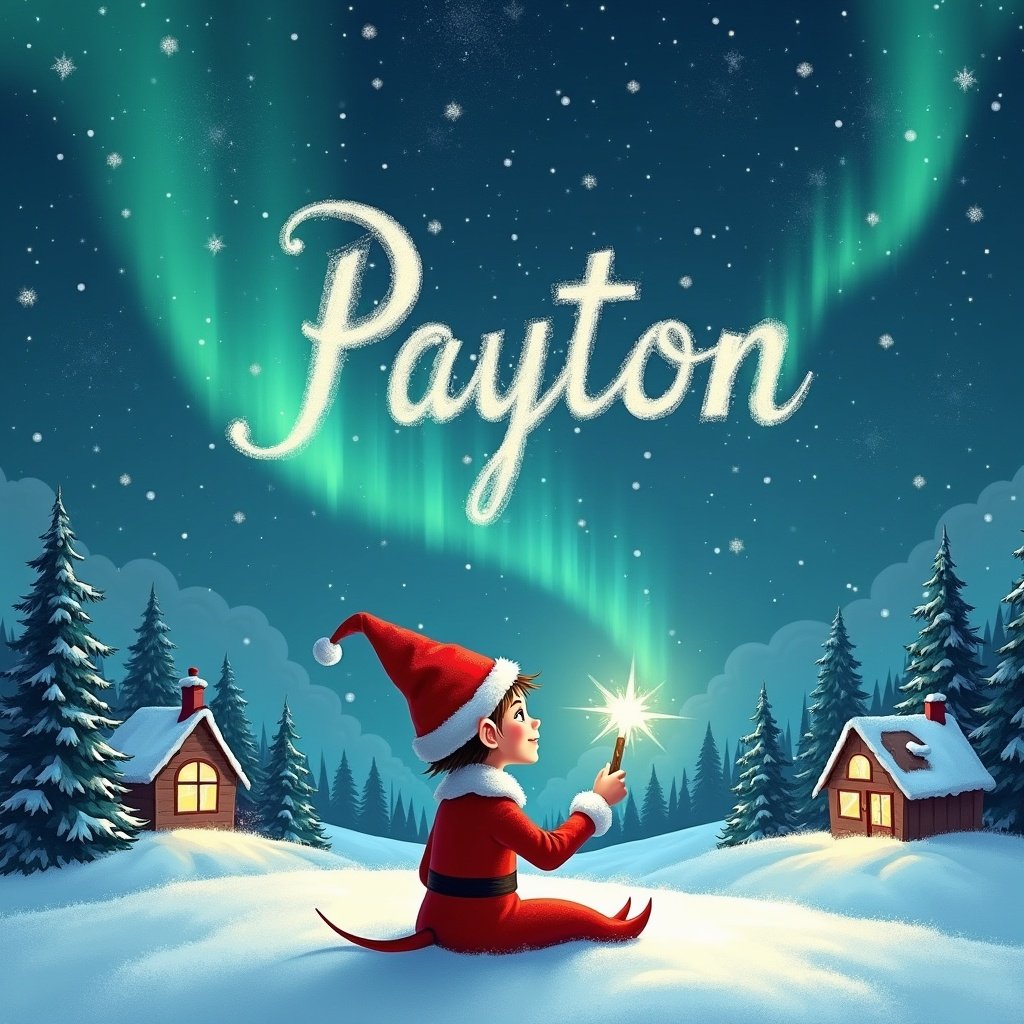 An elf sits in a snowy landscape.Gazing at a magical sky.Elf wears a red outfit with a pointed hat.Holding a sparkling wand.Writing Payton in the starry sky.Background shows a snowy landscape with houses and evergreen trees under the Northern Lights.