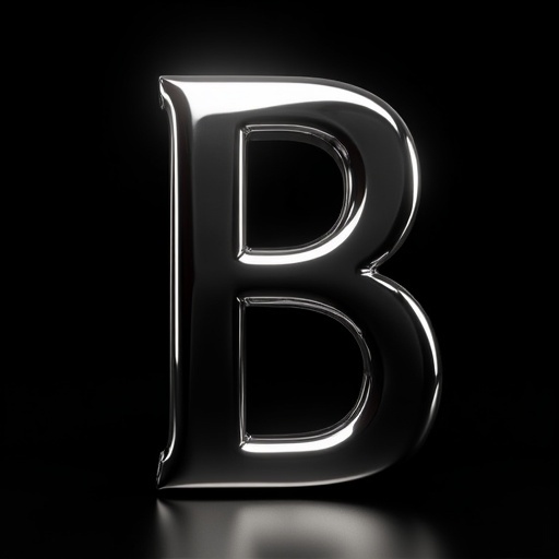 Chrome letter B stands prominently. No serifs exist in the design. The background is solid black. Letter illuminated with spotlights for shimmer effect.