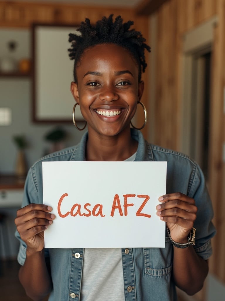 A person is smiling and holding a sign that says 'Casa AFZ'. The background has wooden texture and a cozy feel.