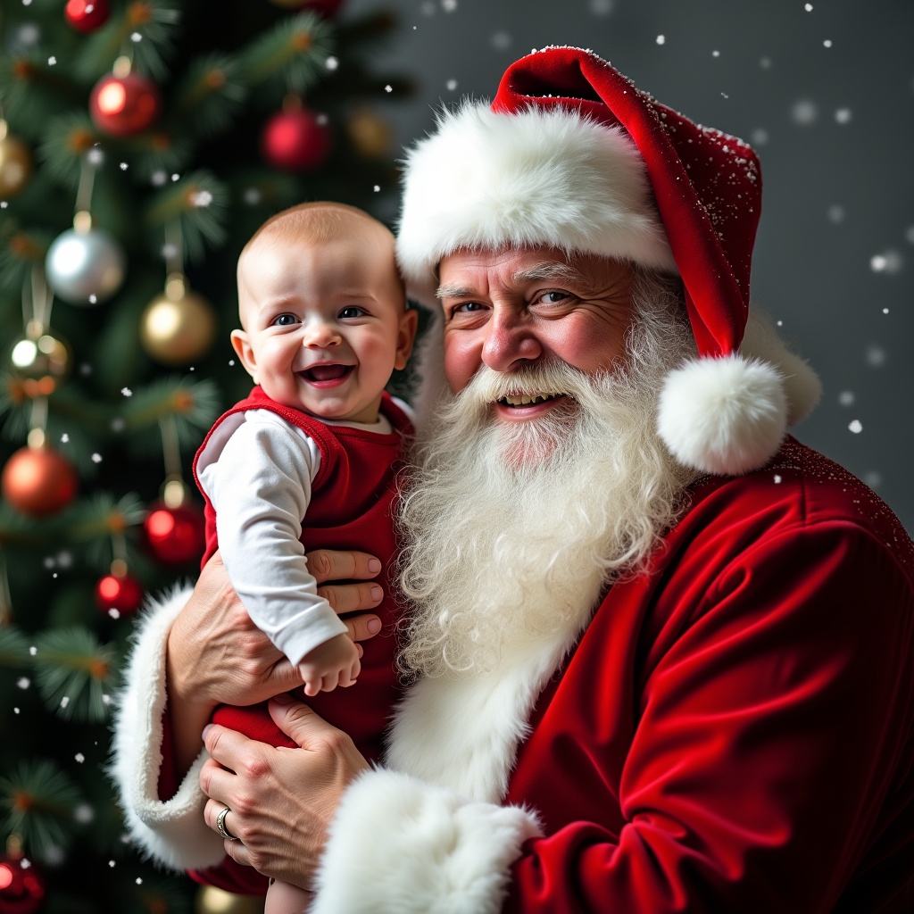 A cheerful Santa Claus holds a joyful baby dressed in a red suit. Background features a decorated Christmas tree with colorful ornaments and snowflakes. The scene radiates festive joy.