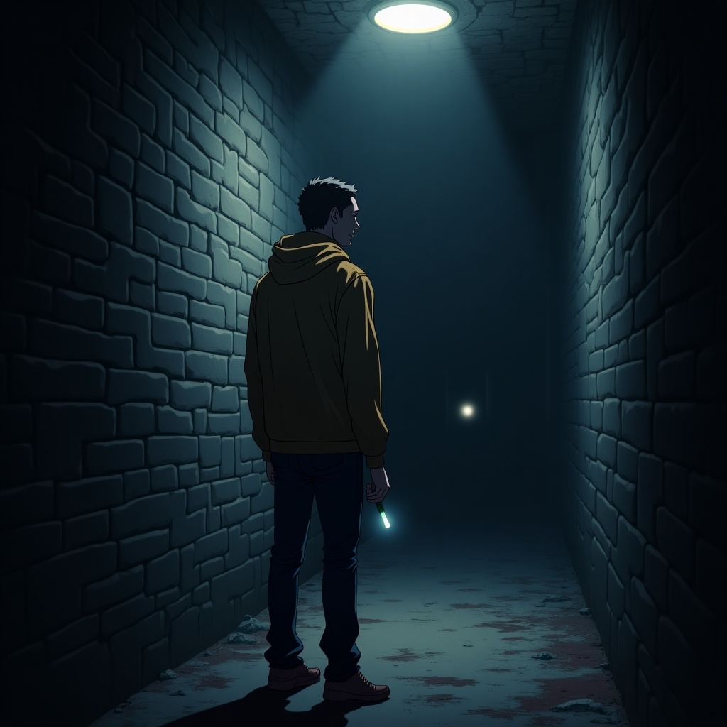 Anime style image of man in hoodie standing in dungeon corner holding flashlight. Dark surroundings with dramatic lighting and shadows.