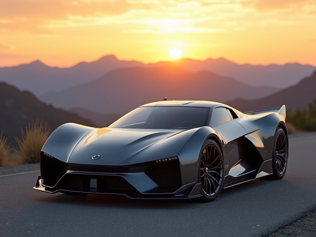 This image showcases a futuristic sports car captured at sunset on a scenic mountain road. The vehicle features a sleek design with dynamic lines and an aggressive stance, emphasizing its performance capabilities. The rich, warm colors of the sunset create a striking backdrop, highlighting the car’s bold aesthetics. The mountain landscape adds depth, making the vehicle appear even more dramatic. This composition appeals to automotive enthusiasts and conveys a sense of speed and precision.