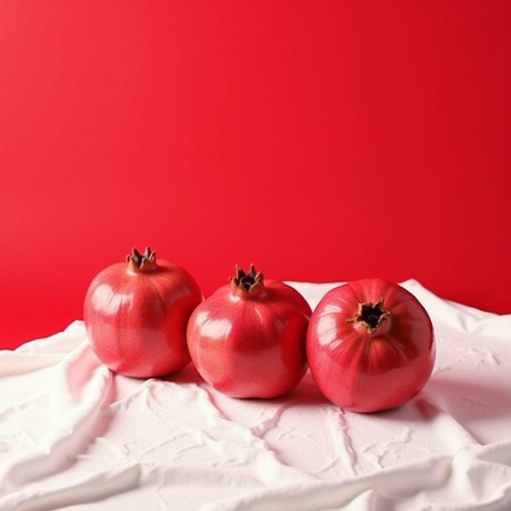 Three pomegranates resting on a white cloth with a vibrant red backdrop.