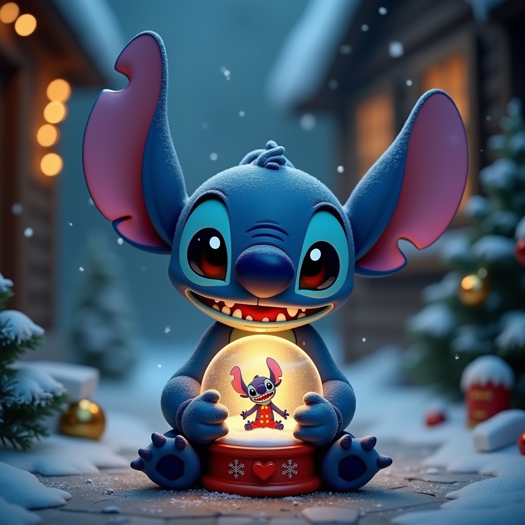 Stitch character sits outdoors during Christmas. Stitch holds a snow globe showing another Stitch inside. Snow is falling. Background includes cozy houses and holiday decorations.