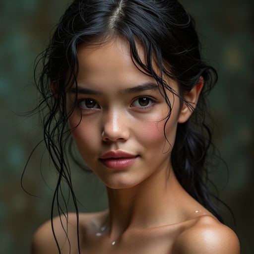 Close-up of a figure with wet skin highlighting the texture. Focus on the body and shoulders. The image emphasizes natural beauty with soft lighting.