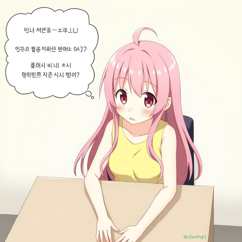 High angle view of a girl at a desk in a simple office. She has long pink hair and pink eyes, wearing a yellow dress. The girl appears surprised glancing to the right. A chat bubble with Korean text is in front of her. Minimalist background highlights the character. Mood is light and playful in anime style.