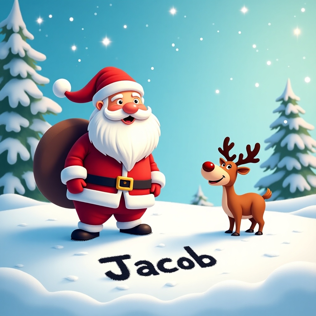 Santa Claus in a snowy landscape writes children's names. Cheerful reindeer observes him. Bright blue sky with fluffy snow. Soft winter light enhances festive atmosphere.