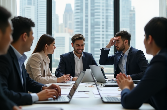 A group of professionals in business attire are having a meeting in a modern office with city views.