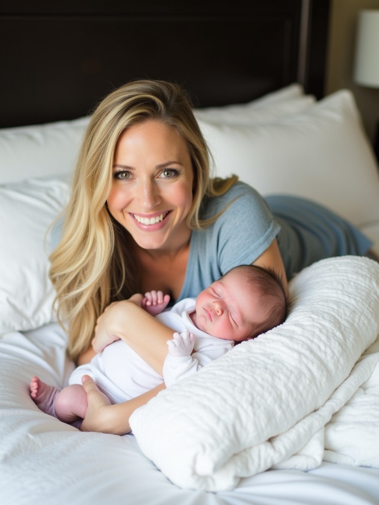 A new mother lies in bed. She looks relaxed and happy. Her long light-colored hair is gently arranged. The mother holds a sleeping baby in her arms. The baby is dressed in white clothing. The mother wears a soft blue top. The bedding is white with texture. A dark headboard is visible. The scene feels warm and intimate.