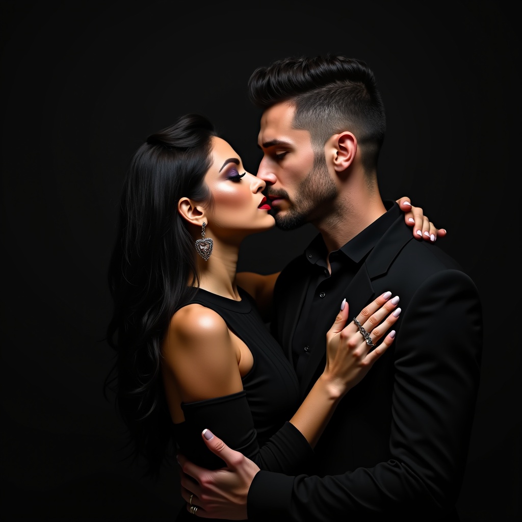 A couple embracing in an intimate gesture. Woman with long dark hair and dramatic makeup. Man with rugged appearance and short hair. Both wearing elegant black attire. Moment of near-kiss.