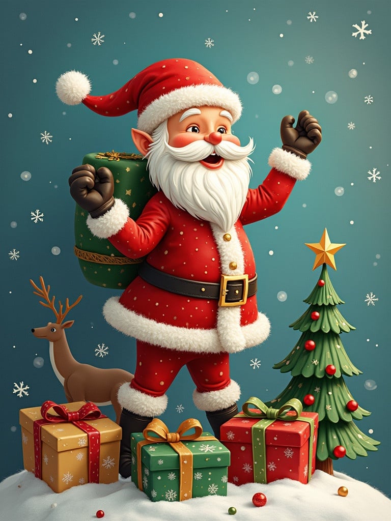 Santa Claus stands joyful. Backpack is green. Presents are stacked under the Christmas tree. Background is blue with snowflakes. Scene conveys celebration and happiness.