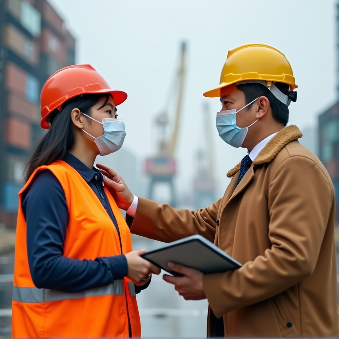 A man and a woman wearing hard hats and masks having an on-site conversation amid shipping containers.