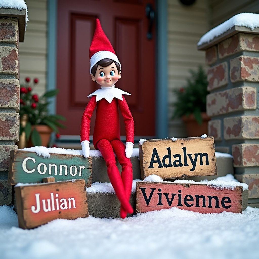 An elf doll positioned on a snowy front porch surrounded by wooden signs labeled with names. The setting is festive and cheerful, embodying the holiday spirit.