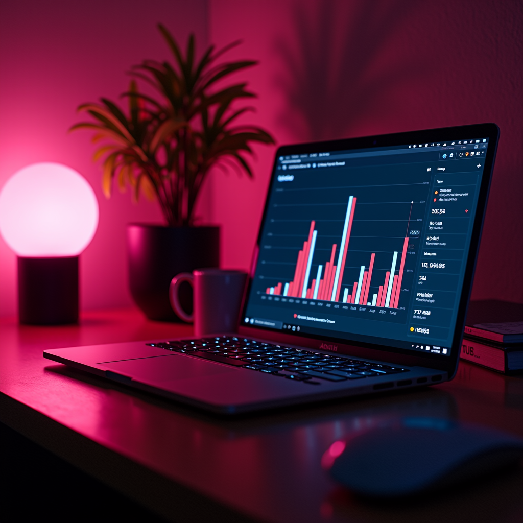 A moody desk scene features a laptop displaying a colorful data graph, bathed in pink light from a lamp beside a plant.