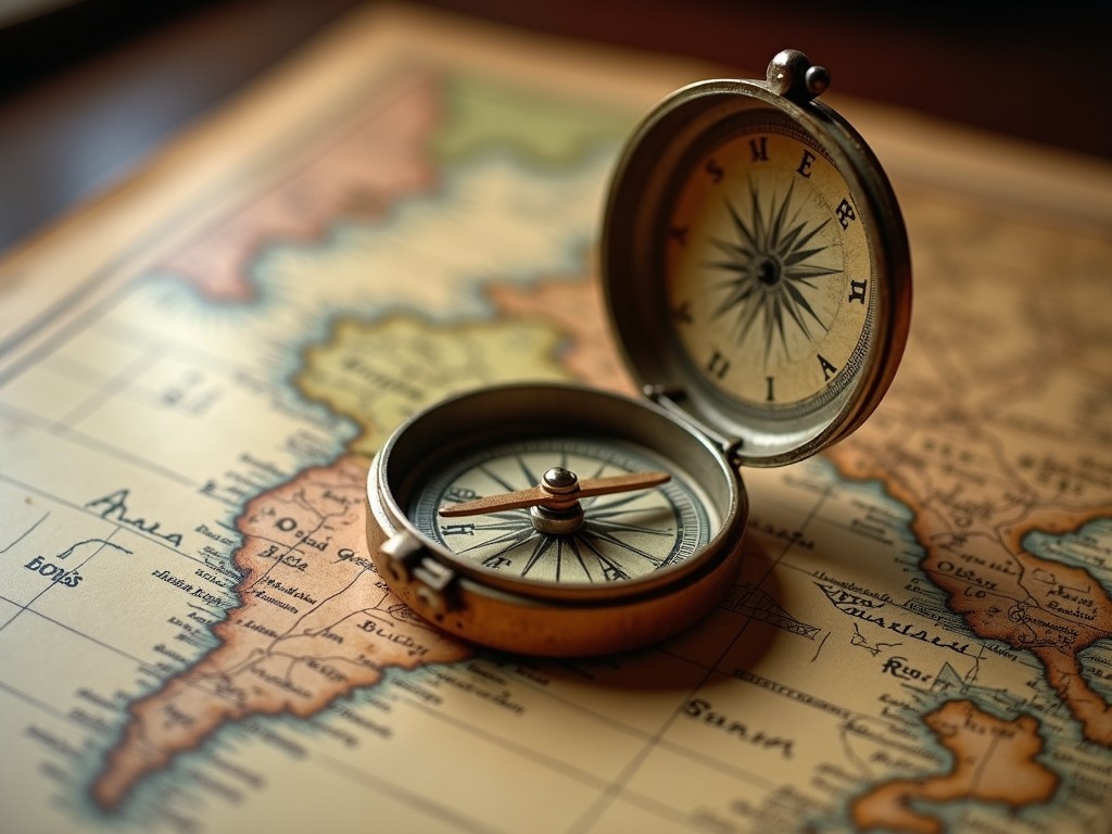 The image showcases an antique compass opened on top of a detailed historical map. The map appears aged with intricate designs and various geographical locations. The compass features a vintage look, with a stylized needle pointing north. The soft, warm lighting adds a nostalgic feel to the scene, emphasizing exploration and adventure. This composition captures the essence of navigation and discovery in earlier times, making it visually appealing for travel enthusiasts and historians alike.