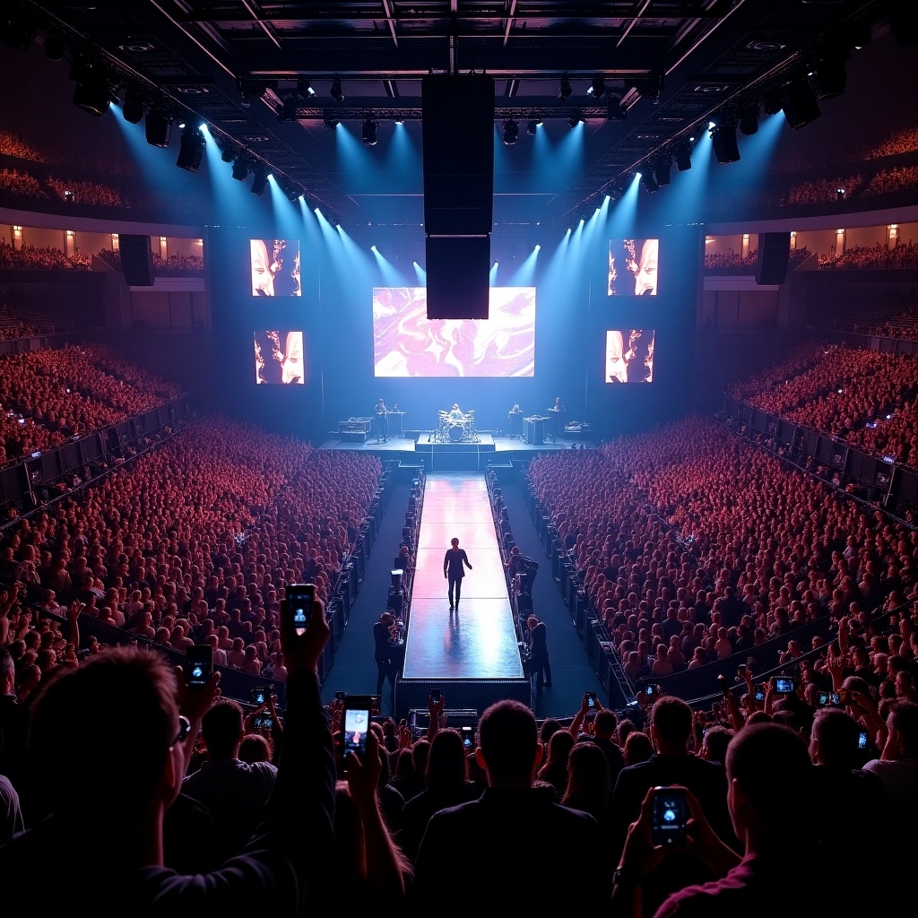 Aerial view of a concert featuring Roddy Rich. The performance takes place at Madison Square Garden. T-shaped runway leads from the stage into the crowd. Audience members capture the moment with their phones. A vibrant atmosphere filled with excitement.