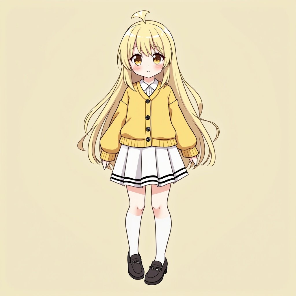 Cute anime character with long blond hair. Wears a yellow cardigan, white skirt, and black loafers. Has dark yellow doe eyes with star highlights. Character design reflects innocence and friendliness.