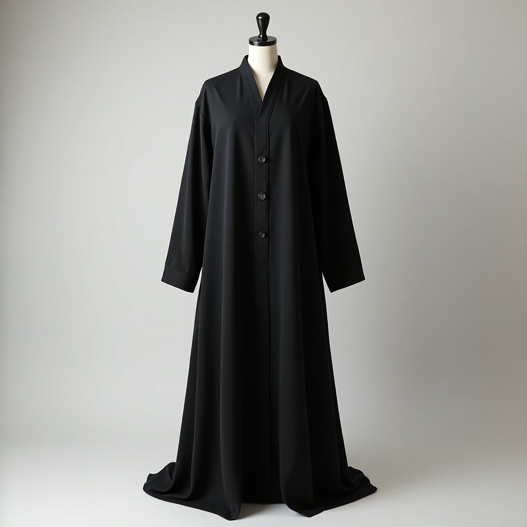 A black abaya displayed beautifully on a mannequin. The full-length dress showcases a modern design in a studio setting.