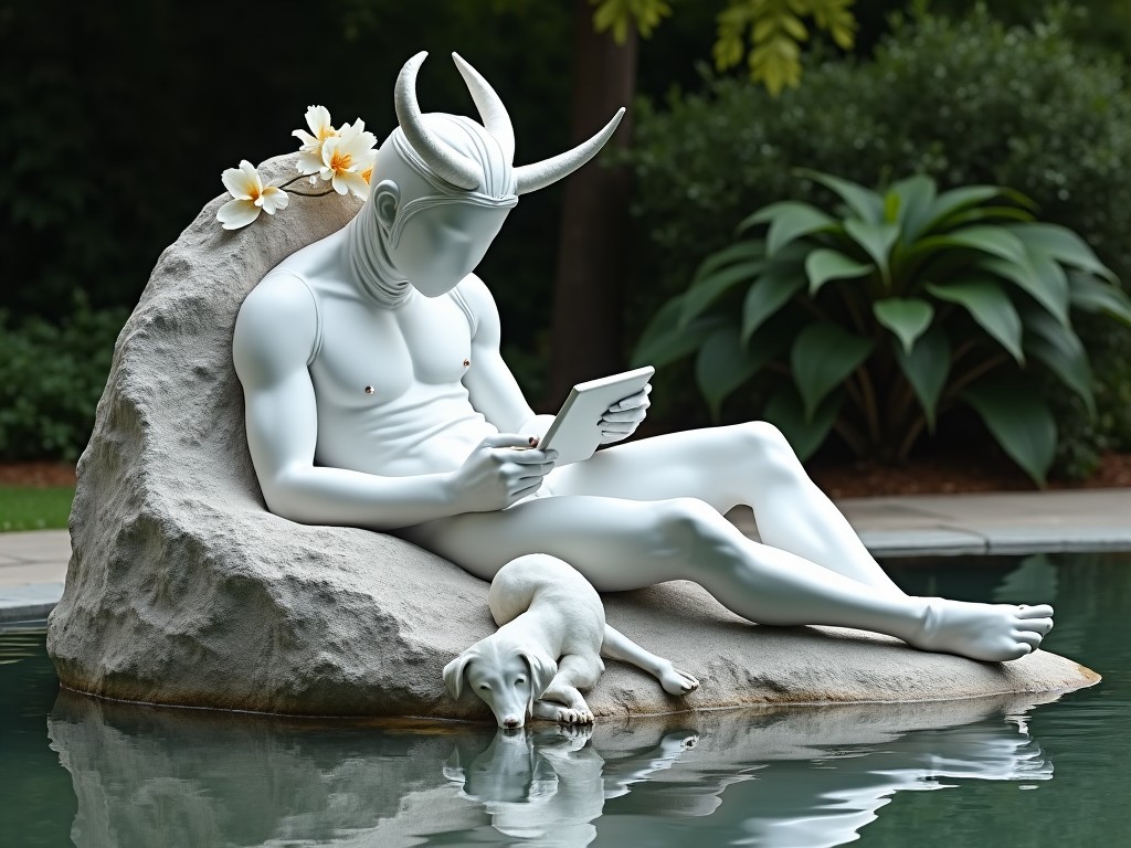 A serene sculpture of a mythical horned creature sitting with a digital tablet, accompanied by a small dog in a garden setting.