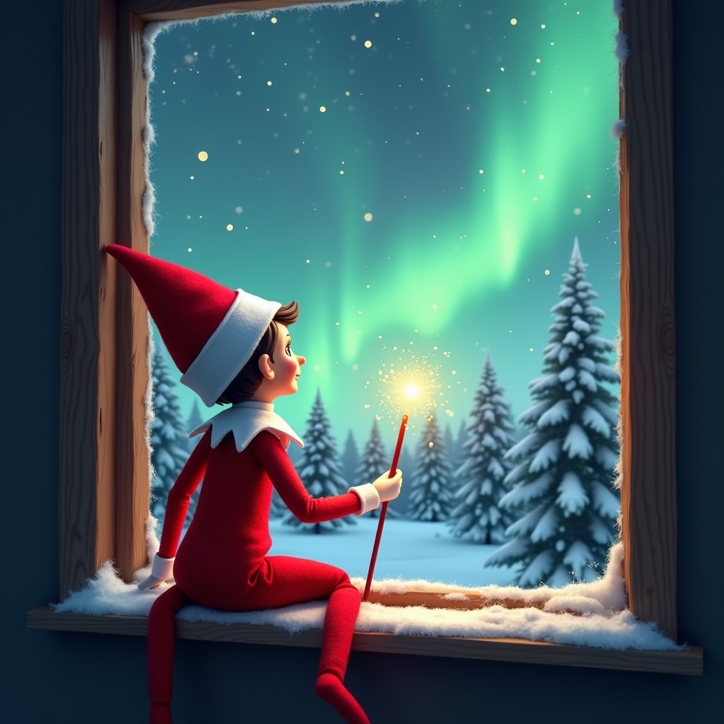 An elf on the shelf sits on a window ledge. The elf has a magical wand. The elf creates twinkling sparks. The elf looks at northern lights. The background has snow-covered pine trees. The scene evokes a festive holiday feeling. The elf has a vibrant red outfit with white trim. The colors of the aurora borealis illuminate the scene.